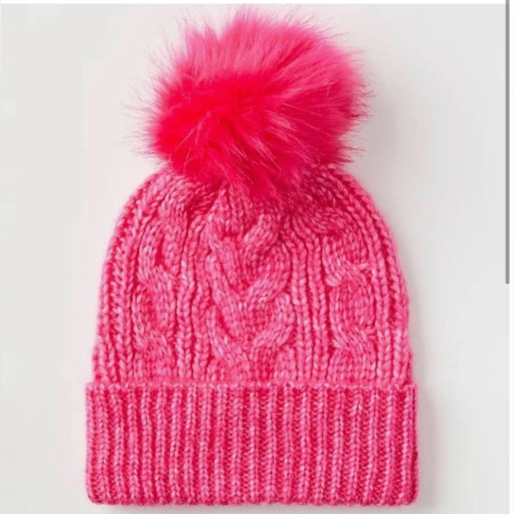 NWT Loft Cable Pom Pom Beanie, Dark Pink